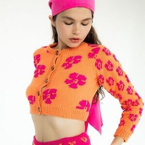 Tach Vera Floral Boho Hippie Knit Cardigan Jaquard Bright Orange Pink NWT XS
